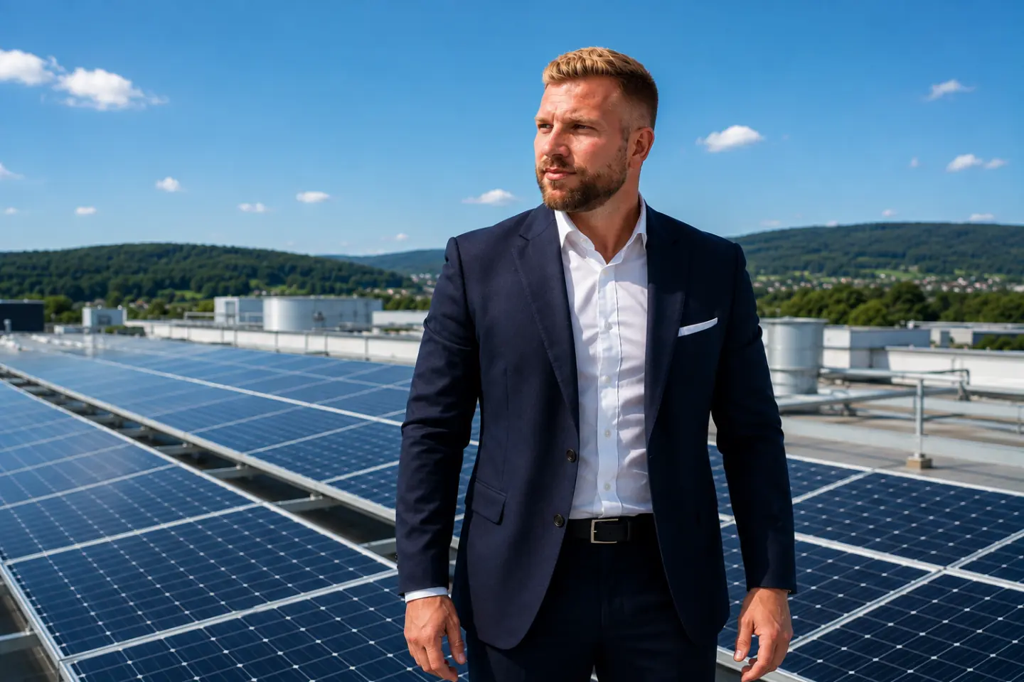 Victor Straßner auf einer großen Aufdachanlage eines Gewerbeobjekts