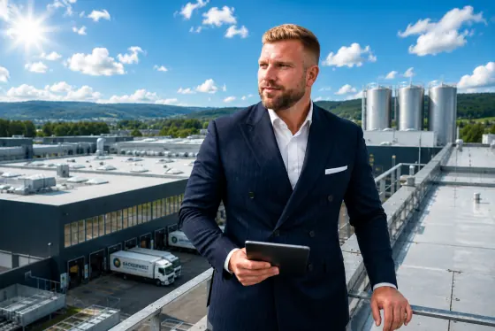Victor Straßner auf dem Dach eines Lebensmittelbetriebs