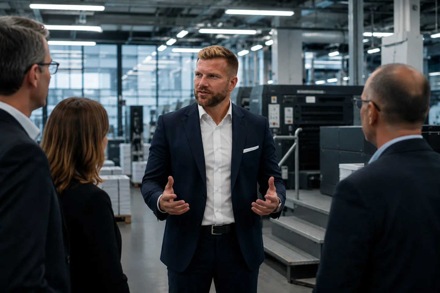 Victor Straßner im Gespräch mit Verantwortlichen in einer Produktionshalle