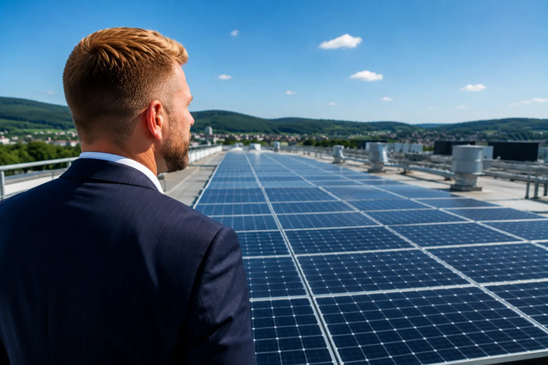 Blick über eine Gewerbedachanlage in die Ortenau